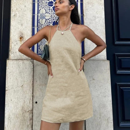 LP | Donna in lino con scollo mini abito estivo