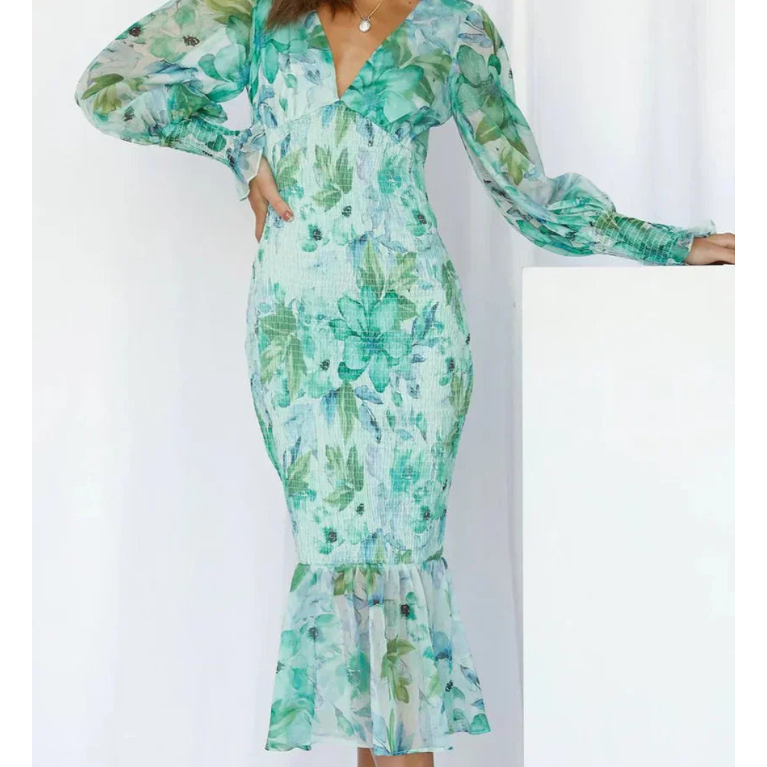 LP | Abito midi aderente a fiori con maniche in voile