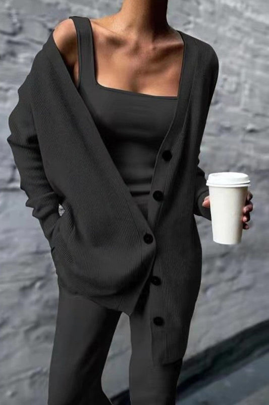 LP | Gilet cardigan solido casual Pantaloni colletto quadrato manica lunga Set di tre pezzi (3 colori)