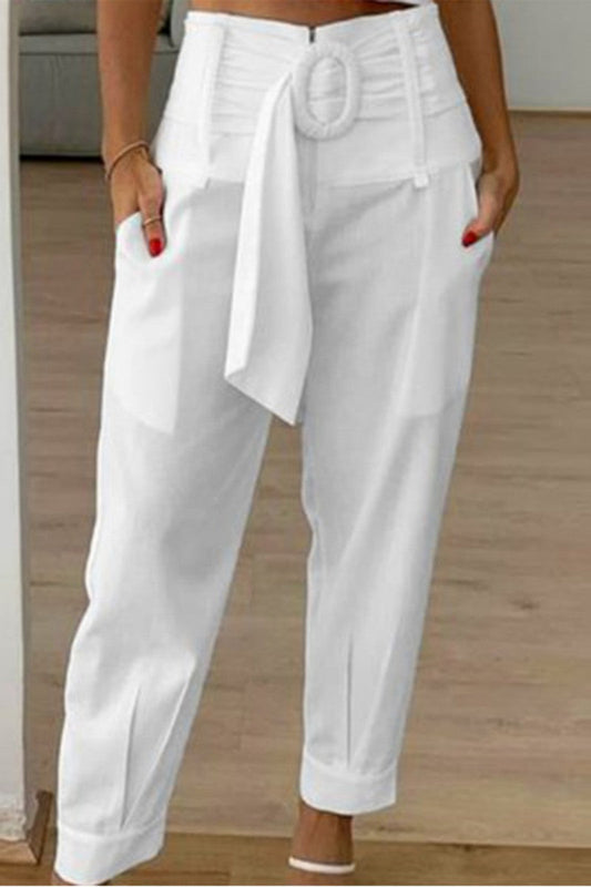 LP | Pantaloni casual solidi patchwork regolari a vita alta convenzionali in tinta unita