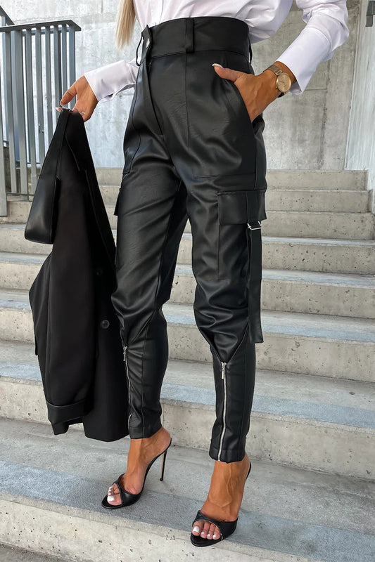 LP | Casual solido tasca Zipper regolare pantaloni a matita a vita alta (5 colori)