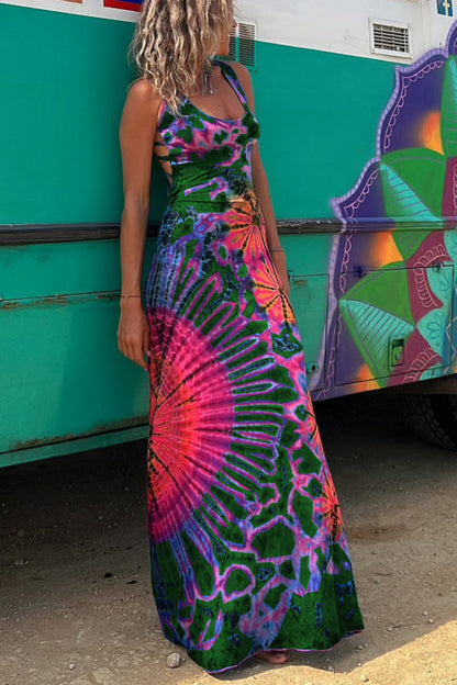 LP | La Bamba - maxi abito elasticizzato con stampa tie-dye e allacciatura posteriore