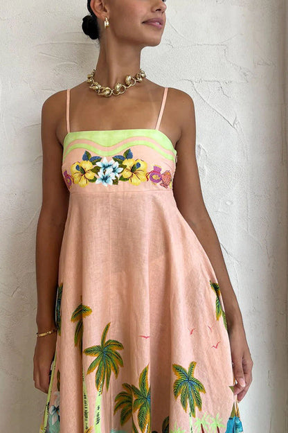 LP | Coconut Scenery in misto lino con stampa tropicale e abito midi con schienale smockato