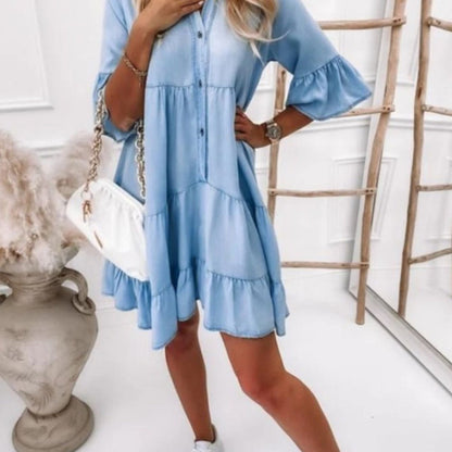 LP | Sheyla - Vestito midi in denim, gonna in denim con orlo increspato, vestito casual e largo