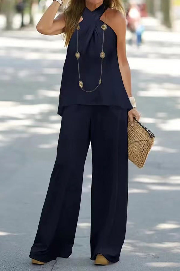 LP | moda casual con collo a cavezza in tinta unita, senza maniche e con pantaloni a gamba larga