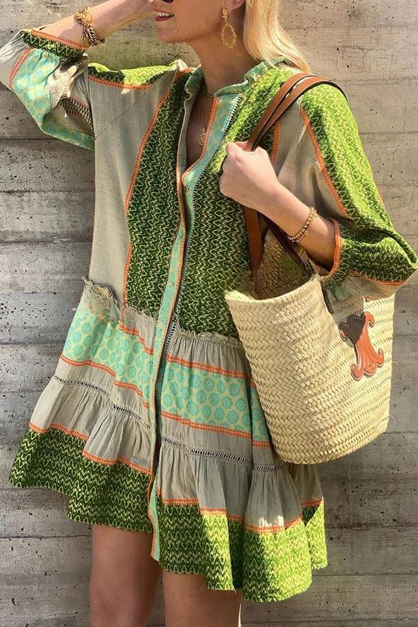LP | Stile vacanza Stampa etnica con bottoni Mini abito allentato
