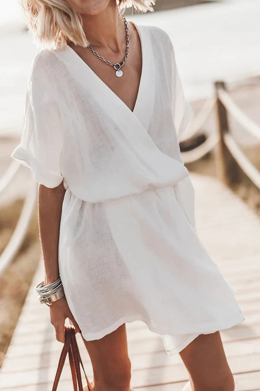 LP | mini abito kimono con cintura da taschino in misto cotone e lino