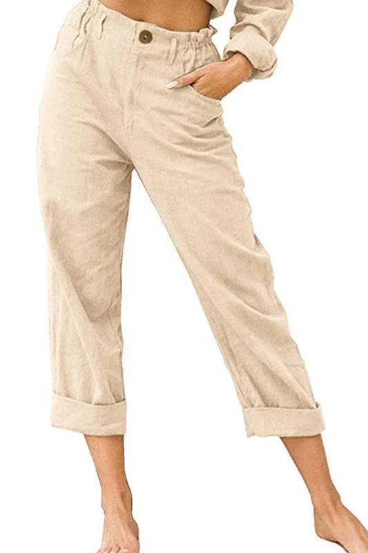 LP | Pantaloni casual a vita alta in cotone e lino tinta unita alla moda