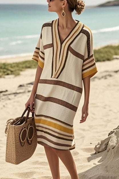 LP | Moda Stampa a righe con scollo a V Abito midi allentato per le vacanze