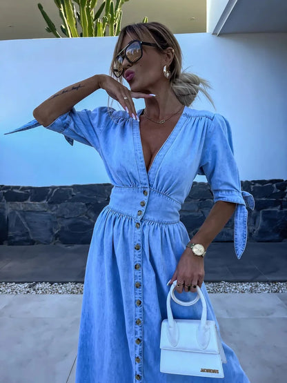 LP | maxi abito casual elegante con bottoni in blu