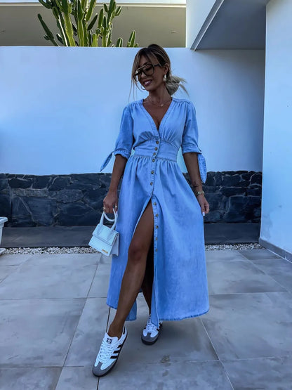 LP | maxi abito casual elegante con bottoni in blu
