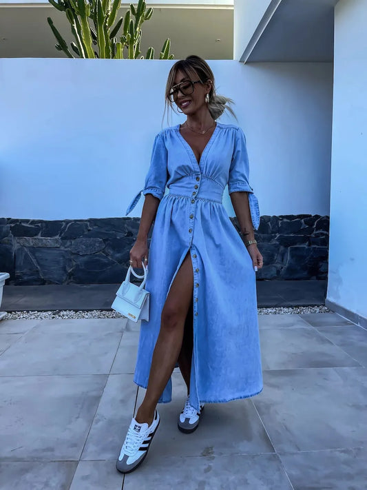 LP | maxi abito casual elegante con bottoni in blu