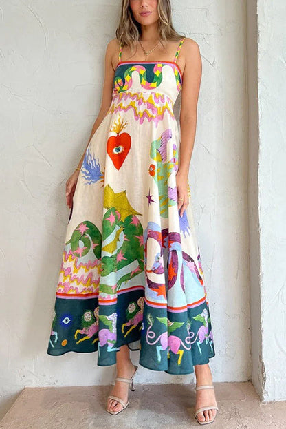 LP | Feel Effortlessly Abito midi in misto lino con stampa unica e retro smockato