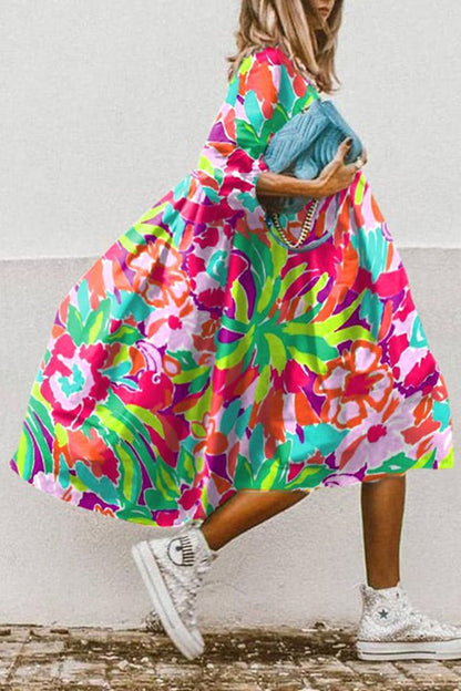 LP | Vestito midi vintage con stampa floreale, orlo alto e basso, linea A