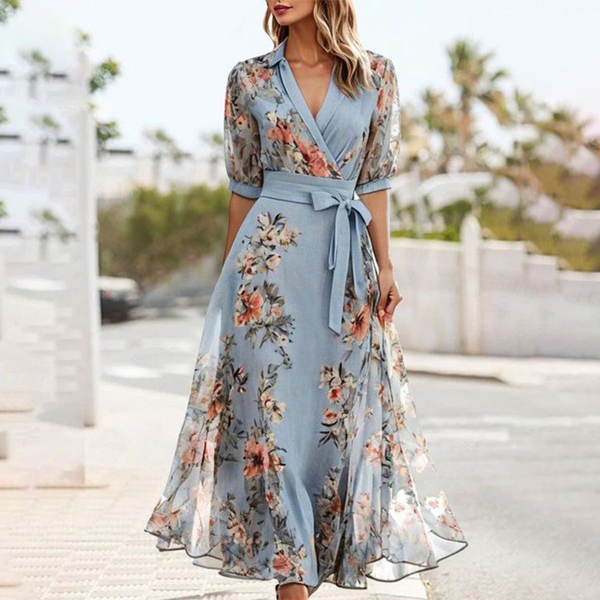 LP | Abito midi blu a maniche corte con scollo a punta