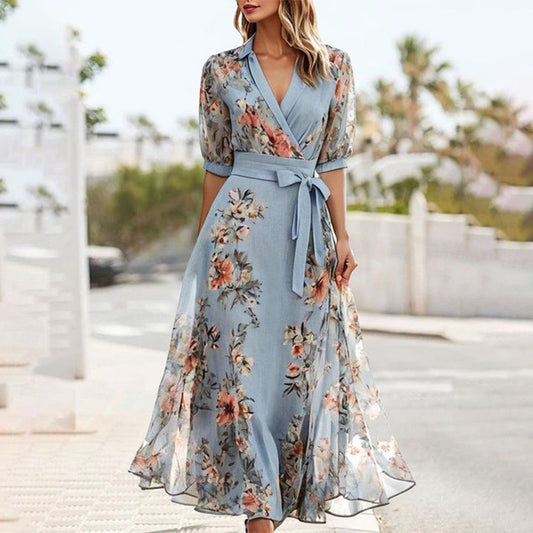 LP | Abito midi blu a maniche corte con scollo a punta