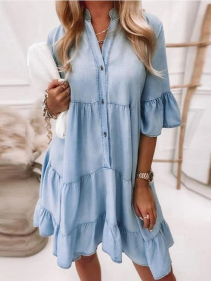 LP | Sheyla - Vestito midi in denim, gonna in denim con orlo increspato, vestito casual e largo
