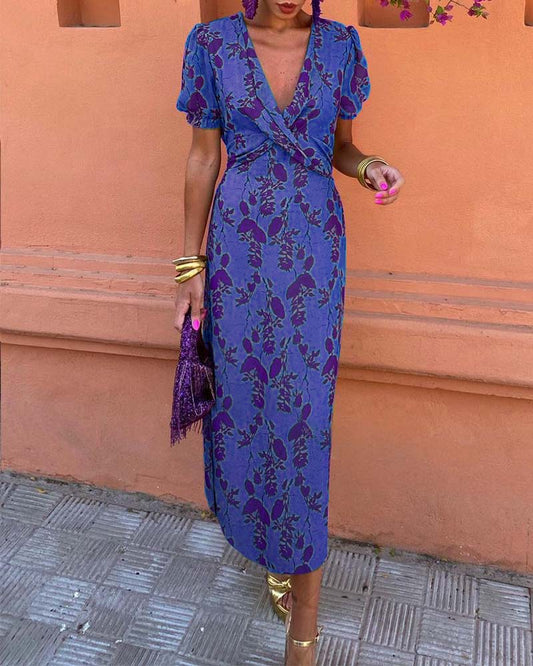 LP | Abito midi floreale vintage con maniche a sbuffo