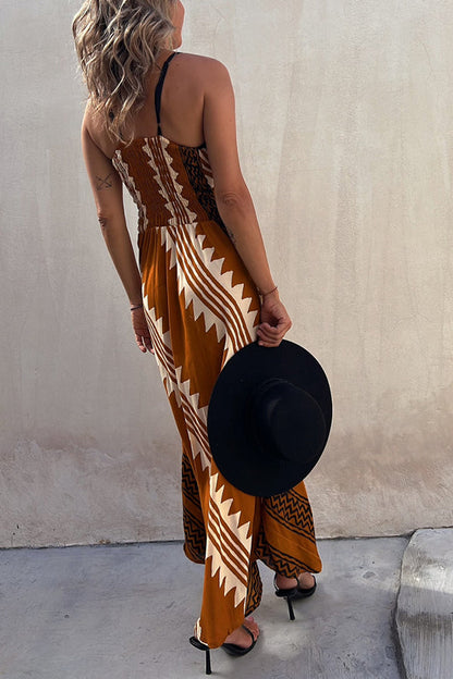 LP | Always Falling - Vestito midi in raso con stampa etnica e schiena smockata