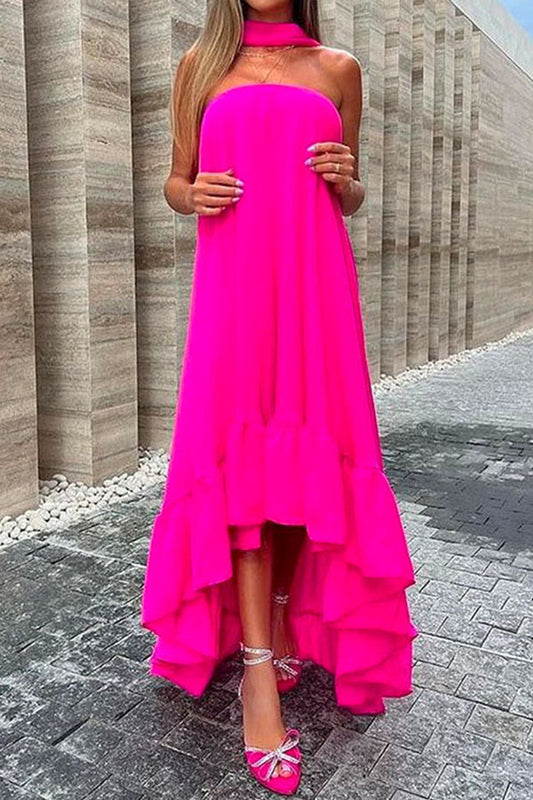LP | Maxi abito senza maniche, off-the-shoulder, irregolare con ruches