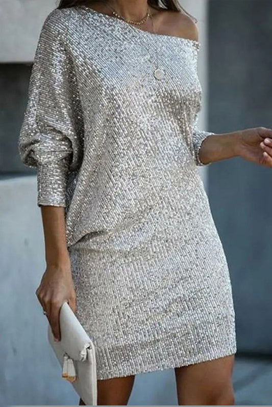LP | Paillettes solide off-shoulder Mini abito allentato