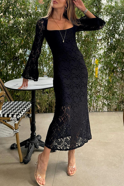 LP | Luxe Lifestyle - Vestito midi in pizzo con scollo quadrato e maniche a campana, foderato e con spacco
