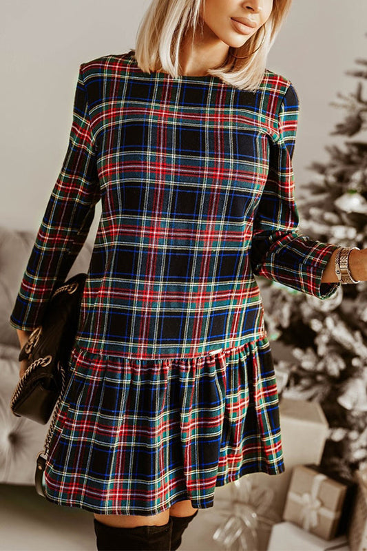 LP | Modello a quadri alla moda maniche lunghe scollo rotondo mini abito sottile