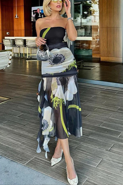 LP | Raquel Sovrapposizione di rete con stampa floreale, senza spalle e con increspature, abito midi elasticizzato