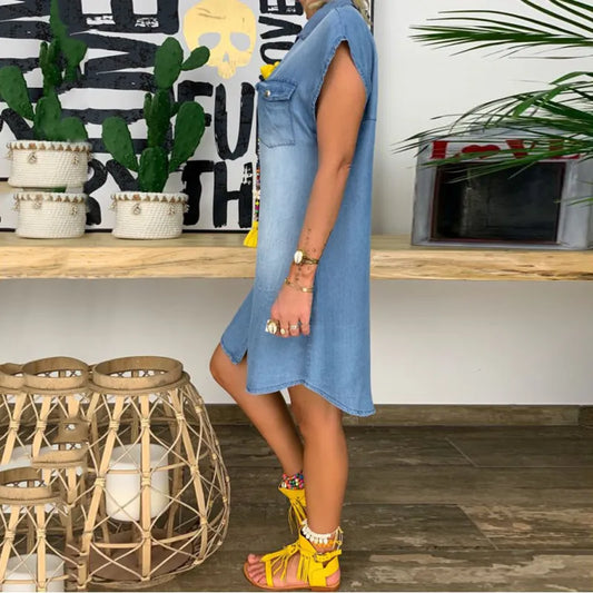 LP | Mini abito senza maniche con abbottonatura in denim lavato