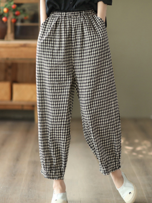 LP | Vita elastica a quadri Pantaloni casual harem Pantaloni fondo
