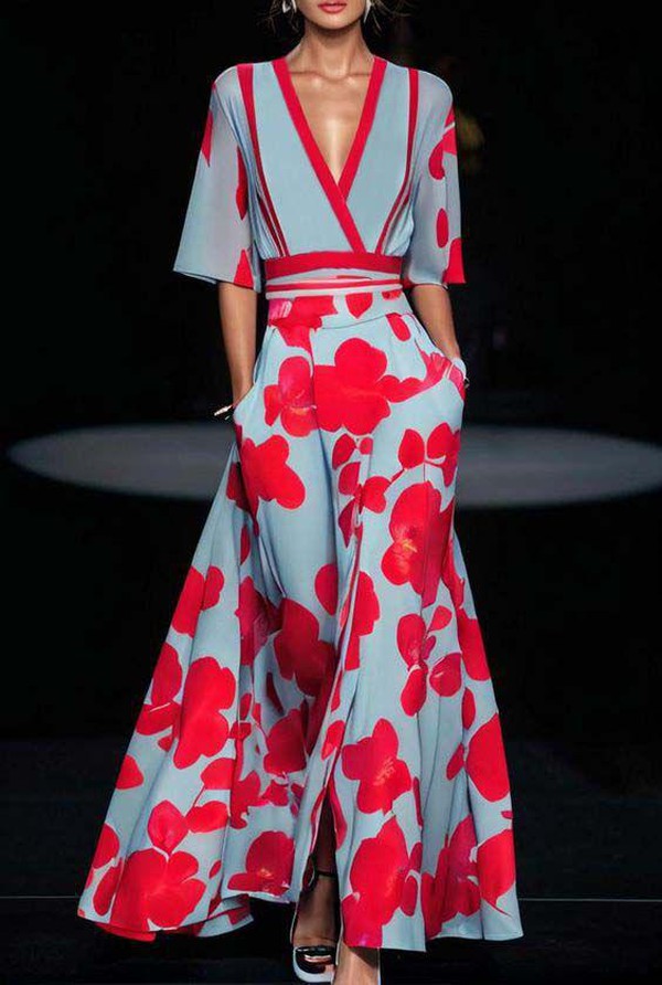 LP | Maxi abito blu con motivo floreale e scollo a V per donna