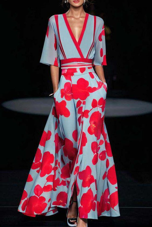 LP | Maxi abito blu con motivo floreale e scollo a V per donna