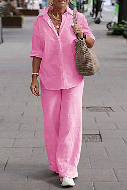 LP | Set di due pezzi Camicia con risvolto e manica lunga Pantaloni casual unicolore a gamba larga Abito