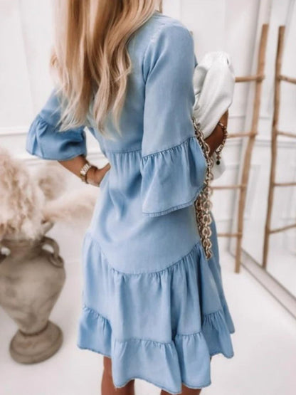 LP | Sheyla - Vestito midi in denim, gonna in denim con orlo increspato, vestito casual e largo