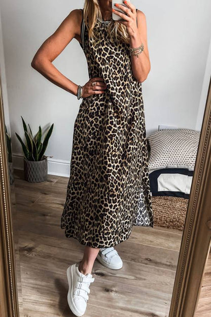 LP | Abito midi senza maniche a righe nere a contrasto con stampa leopardo