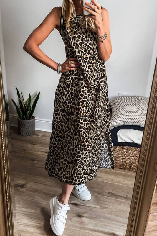 LP | Abito midi senza maniche a righe nere a contrasto con stampa leopardo