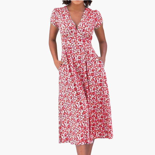 LP | Abito midi floreale da donna con tasche e maniche corte