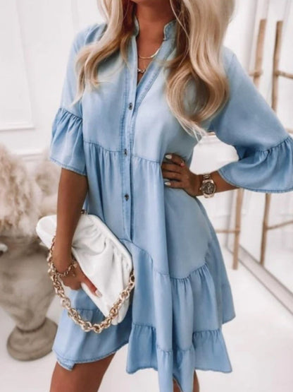 LP | Sheyla - Vestito midi in denim, gonna in denim con orlo increspato, vestito casual e largo