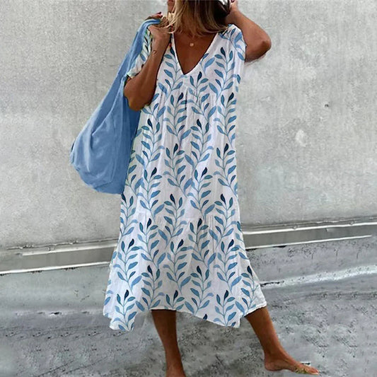 LP | Abito midi blu acquerello con maniche corte