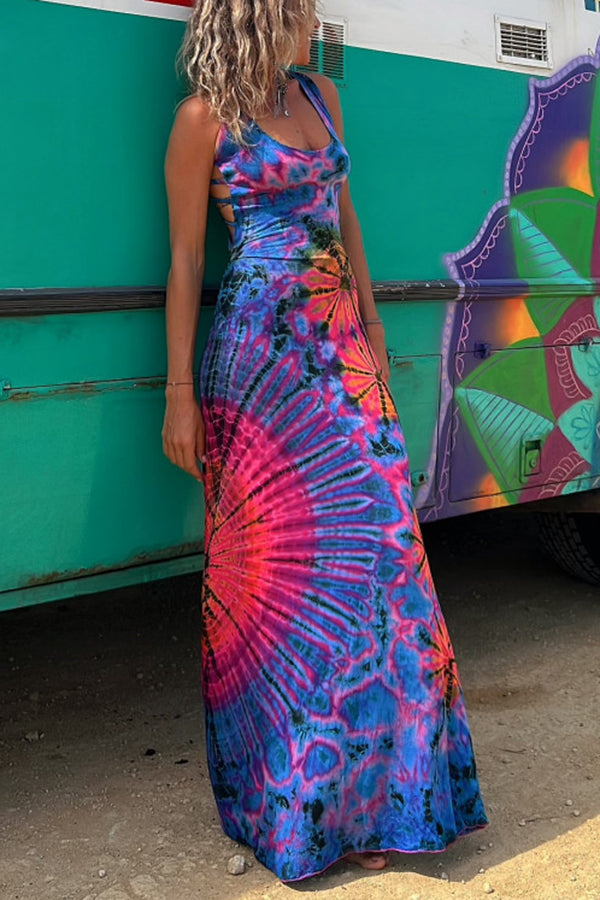 LP | La Bamba - maxi abito elasticizzato con stampa tie-dye e allacciatura posteriore