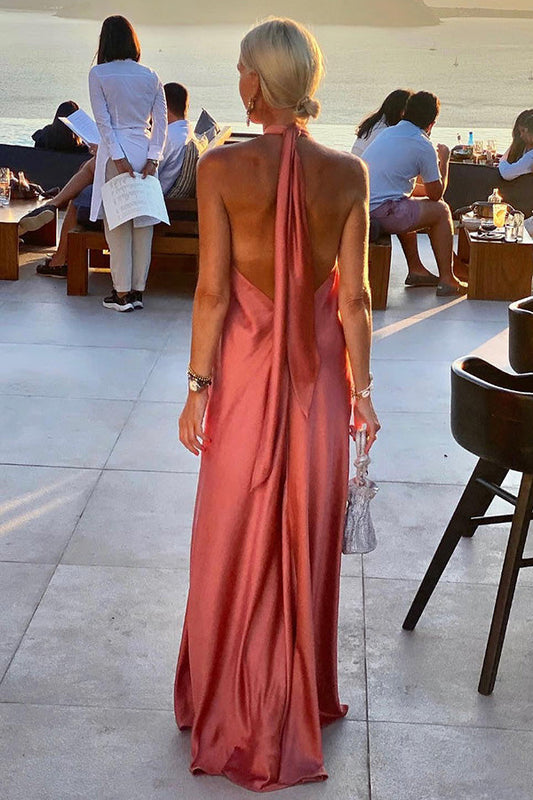 LP | Elegante e favoloso maxi abito in raso con cavezza e senza schienale per feste e vocazioni