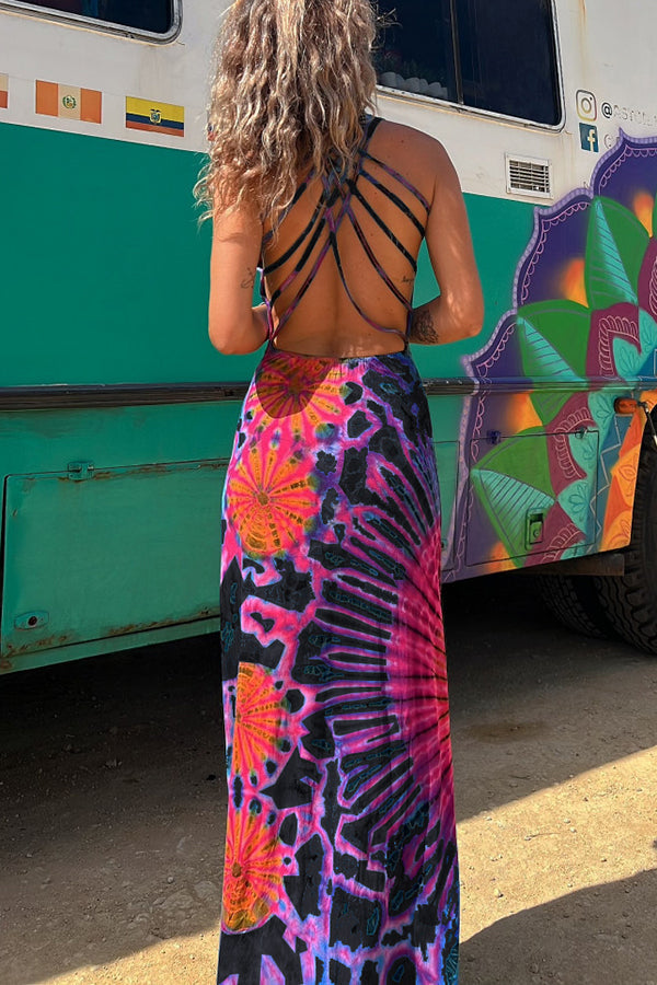 LP | La Bamba - maxi abito elasticizzato con stampa tie-dye e allacciatura posteriore