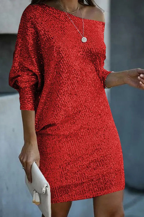 LP | Paillettes solide off-shoulder Mini abito allentato