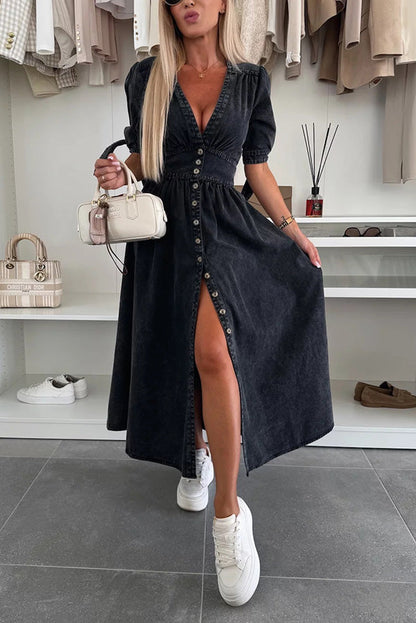 LP | Vestito midi in denim tinta unita con scollo a V e bottoni