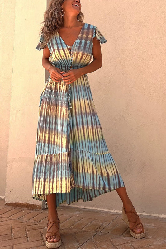 LP | Lorina - Vestito midi senza schienale con bottoni e stampa tie-dye