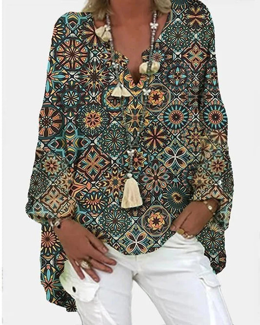 LP Camicetta casual da donna con stampa geometrica e manica lunga con scollo a V
