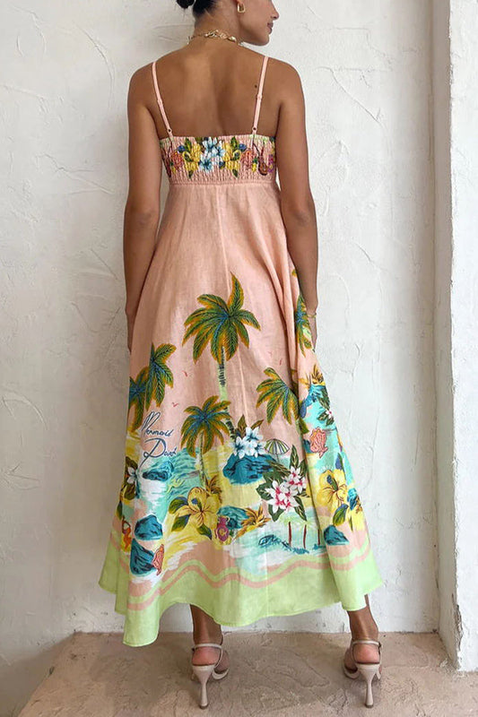 LP | Coconut Scenery in misto lino con stampa tropicale e abito midi con schienale smockato