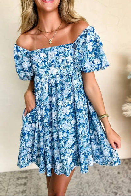 LP | Mini abito babydoll floreale blu con maniche a sbuffo