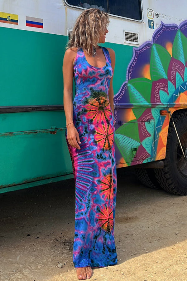 LP | La Bamba - maxi abito elasticizzato con stampa tie-dye e allacciatura posteriore