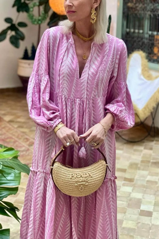 LP | Marrakech Stories Abito midi stampato in misto lino con maniche a palloncino e tasche ad A